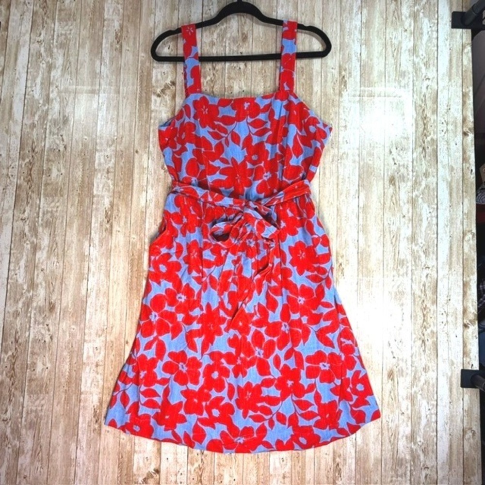 Draper James RSVP Blue and Red Dress L Floral Midi Tie Waist Smocked Sundress